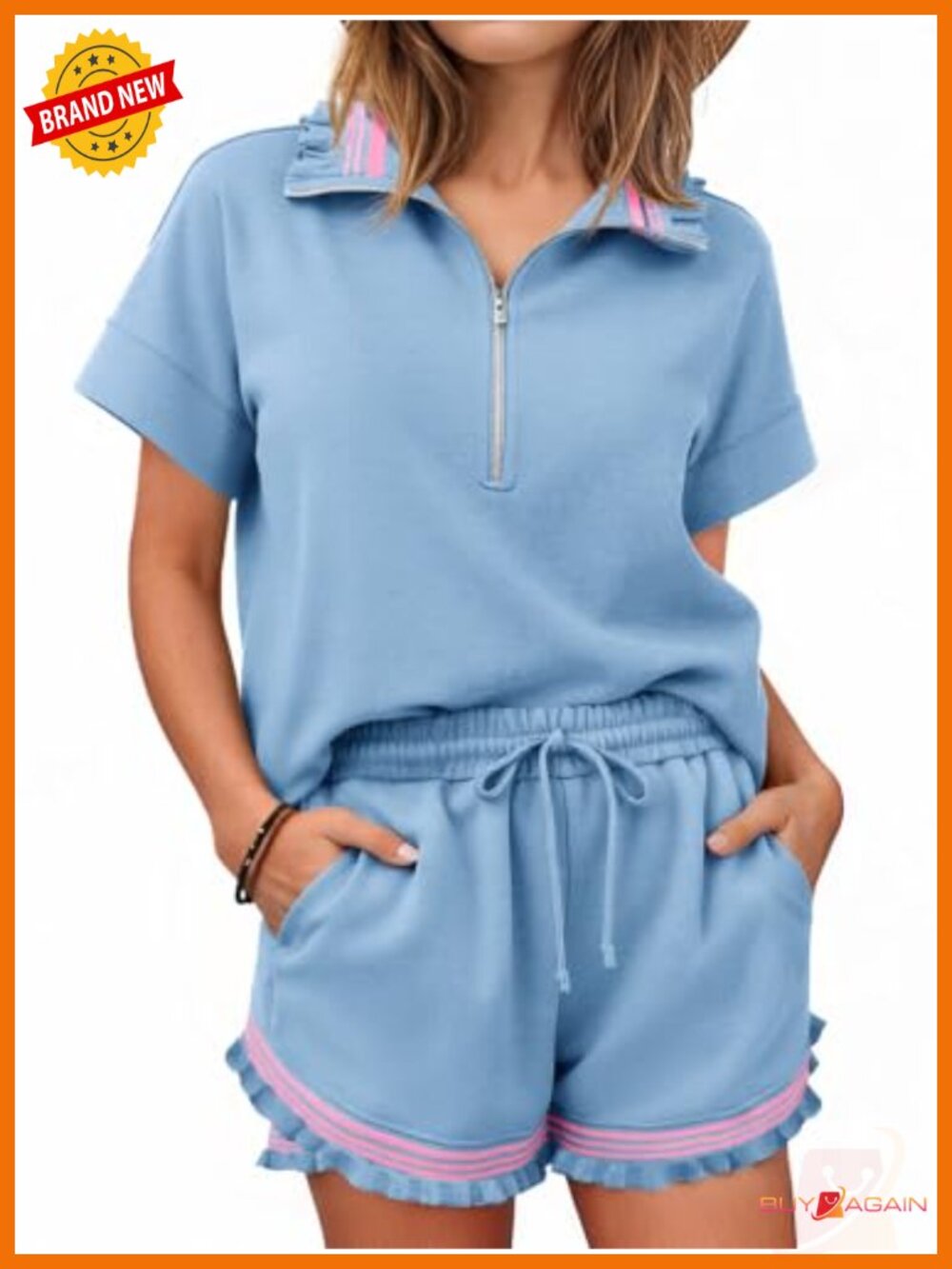 Womens 2 Piece Short Set Half Zip Ruffle Top Loose Fit Loungewear